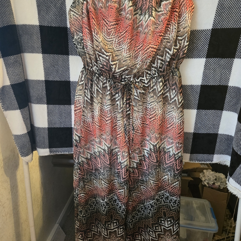 Printed Strapless Summer Jumpsuit in Coral and Brown